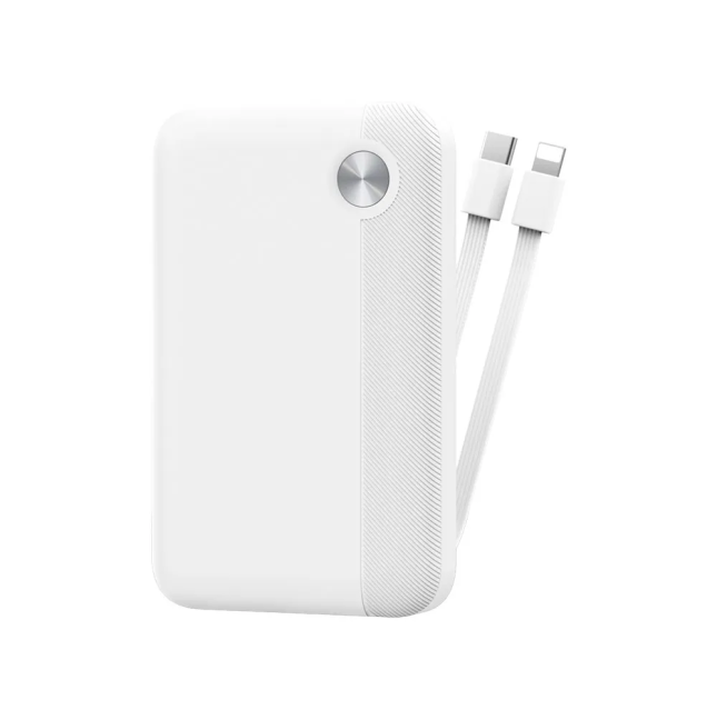 External Battery 10,000mAH – 22.5W Fast Charge with integrated dual cable White