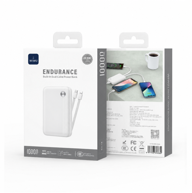 Power Bank 10000 mAh 22,5W con cable integrados, Blanco