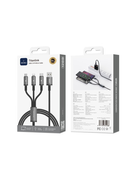 66W USB A-C+M+L 1.2 Meter TitanLink Series Charging Cable Gray