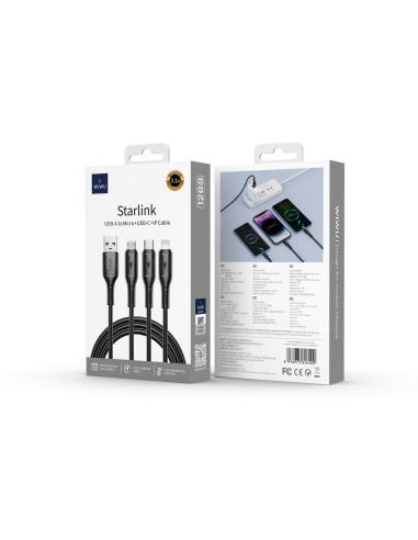 Cable 3 En 1(A-C+L+M) de 3,1A y 1,2 Metro, Negro