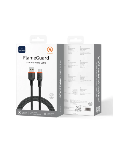 Cable USB-A a Micro 2,1 A FlameGuard Negro (1,20 m)