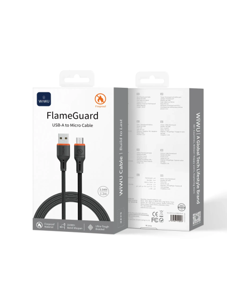 Cable USB-A a Micro 2,1 A FlameGuard Negro (1,20 m)