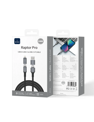USB-A + USB-C to USB-C + Lightning Cable 240W Raptor Pro (1.2 m)