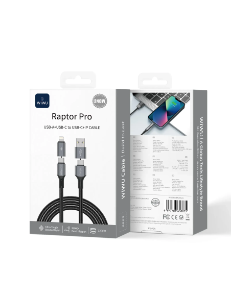 USB-A + USB-C to USB-C + Lightning Cable 240W Raptor Pro (1.2 m)