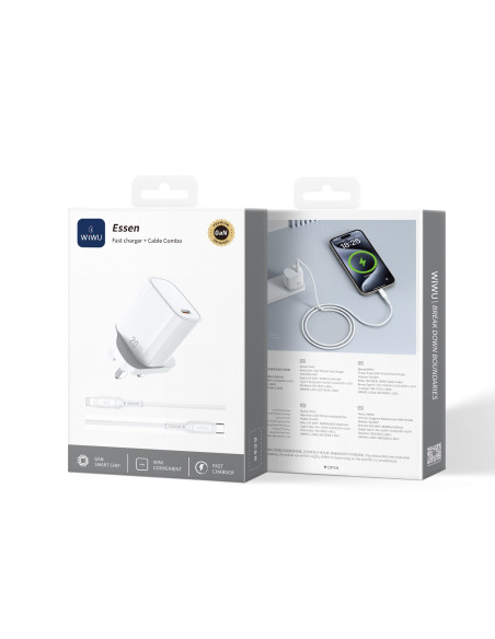 Cargador rápido Essen de 20 W GaN con cable C-L (enchufe británico)