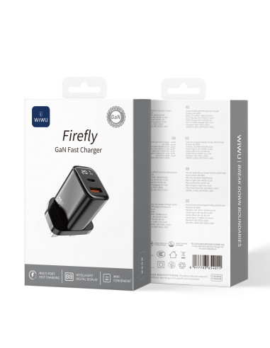 Cargador rápido Firefly GaN de 20 W USB A+C con pantalla digital (enchufe británico)
