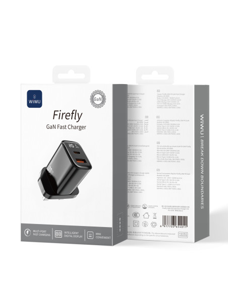 Cargador rápido Firefly GaN de 20 W USB A+C con pantalla digital (enchufe británico)