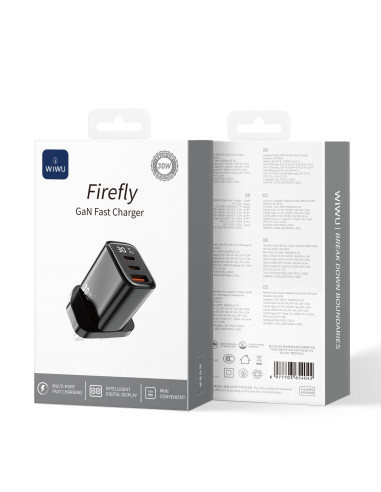 Cargador rápido Firefly GaN de 30 W USB A+2C con pantalla digital (enchufe británico)