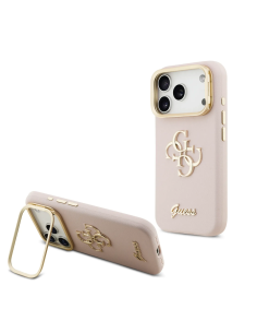 Funda GUESS para iPhone 17 Pro Max/18 Pro Max efecto granulado con logotipo 4G y soporte integrado (Rosa)