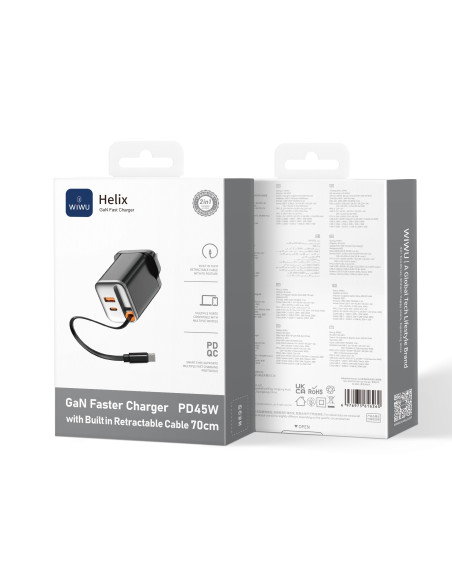 Cargador rápido Helix GaN de 45 W con enchufe británico