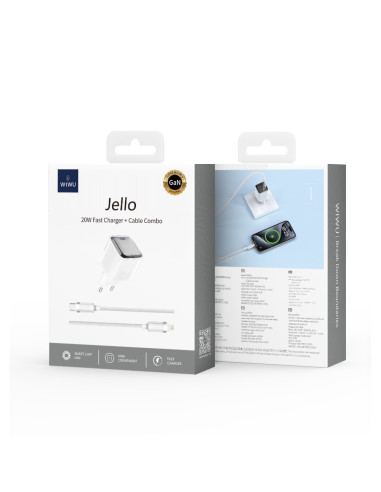 Cargador rápido Jello GaN de 20 W con cable + enchufe UE + cable tipo C a Lightning