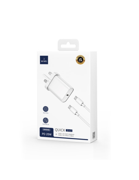 Cargador rápido PD de 20W con enchufe británico y cable C a C