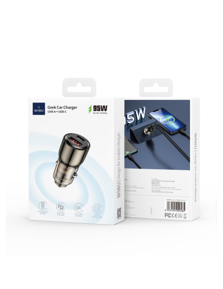 95W PD+QC Fast Car Charger Zinc Alloy Finish Transparent Black