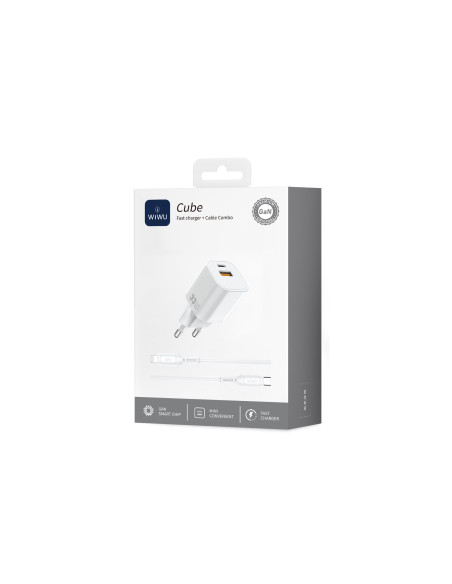 33W GaN Cube Fast Charger USB C+A with C-L Cable – EU Plug